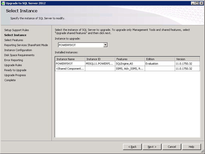 SQLServer2012 Upgrade RC0 to RTM Select POWERPIVOT Instance