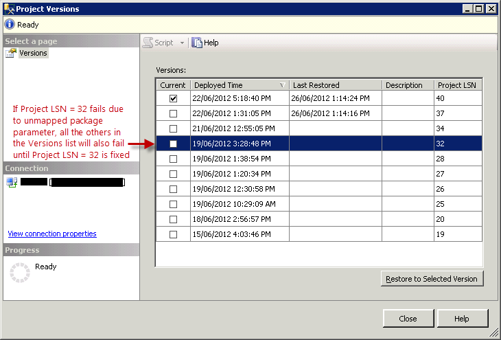 SSMS Integration Services Project Versions Dialog Box