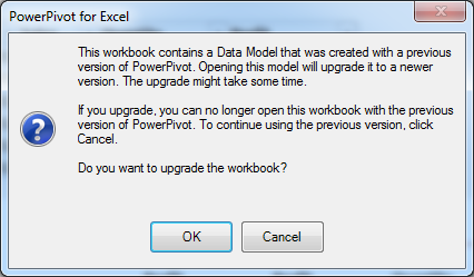 Upgrade PowerPivot to Excel 2013 Dialog Box