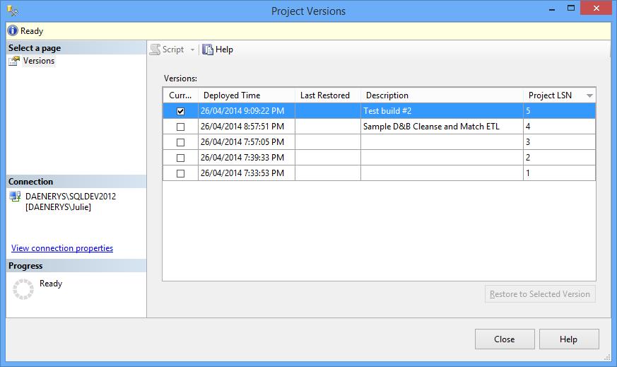 Project Versions window in SSMS