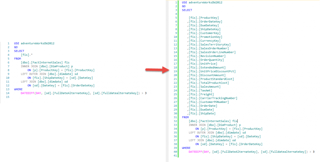 SQL Prompt - Expand Wildcard - Before vs After