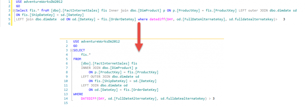 SQL Prompt - Format Code - Before vs After