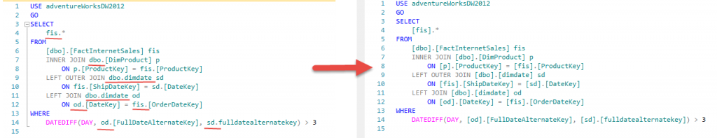 SQL Prompt - Qualify Object Names - Before vs After