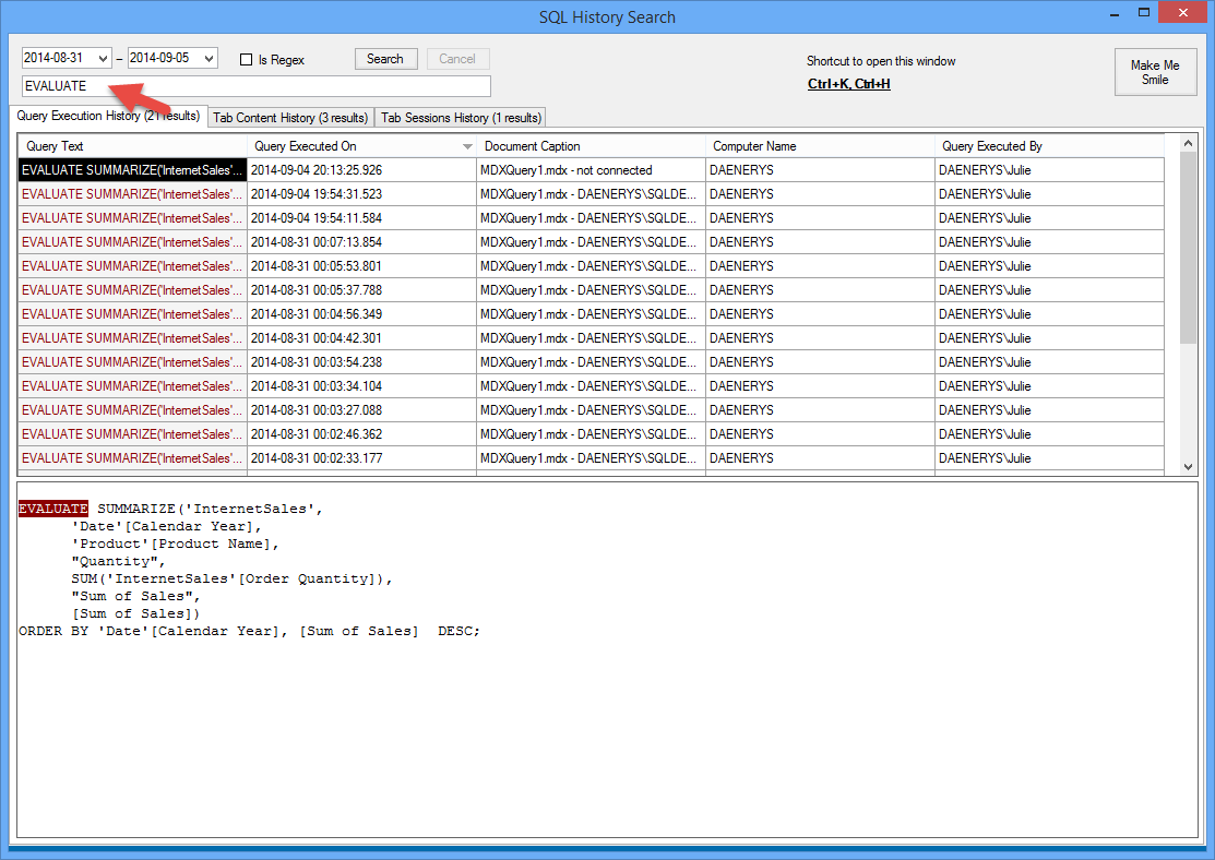 Searching for DAX queries in SSMS Tools Pack SQL History