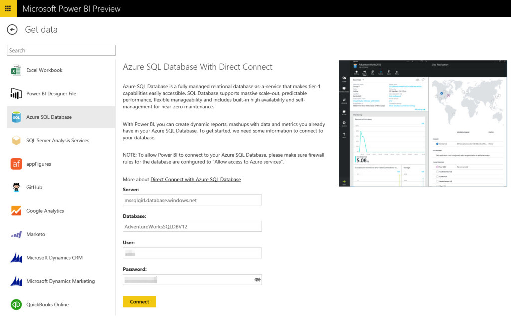 Power BI Connect to Azure SQL Database