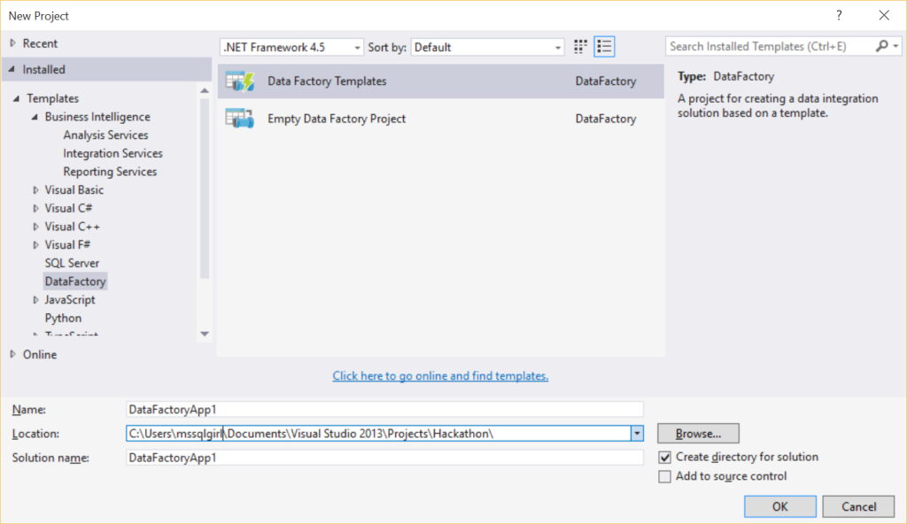 Creating a new Azure Data Factory Project in Visual Studio