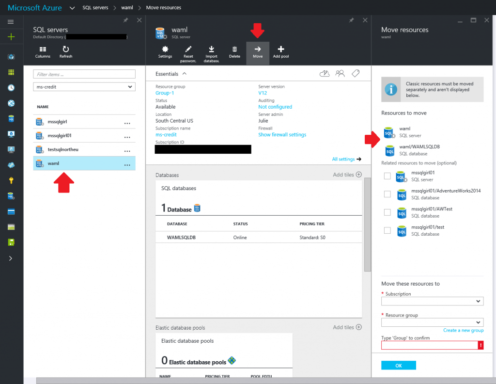 Move a SQL server to another subscription