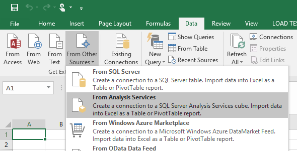 Excel > Data > From Other Connections > From Analysis Services
