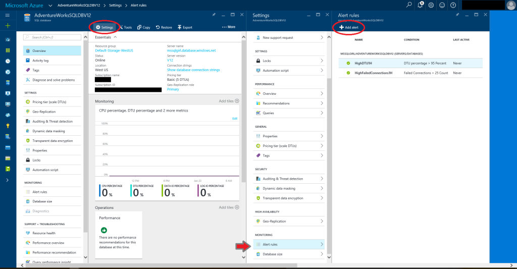 Accessing Alerts on Azure SQL DB instance