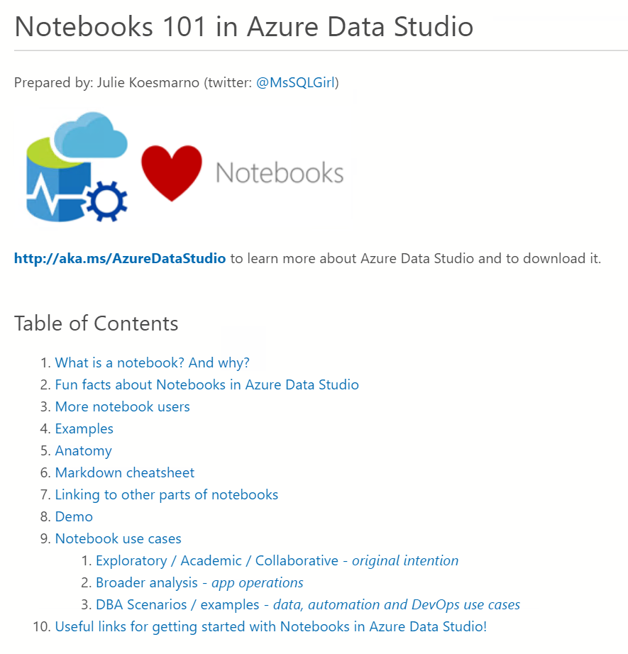 Example of Notebook table of contents